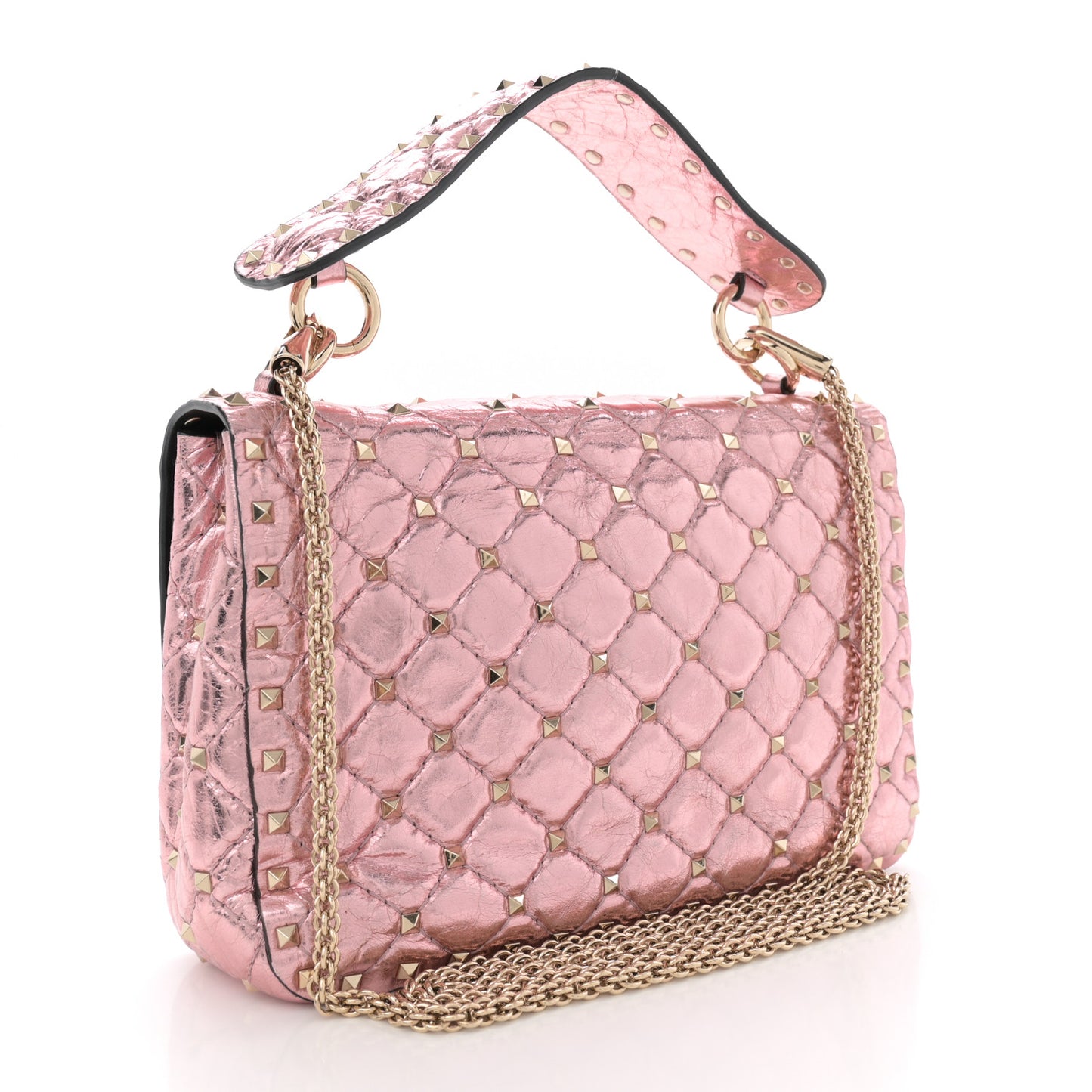 Metallic Wrinkled Lambskin Medium Rockstud Spike Shoulder Bag Lipstick