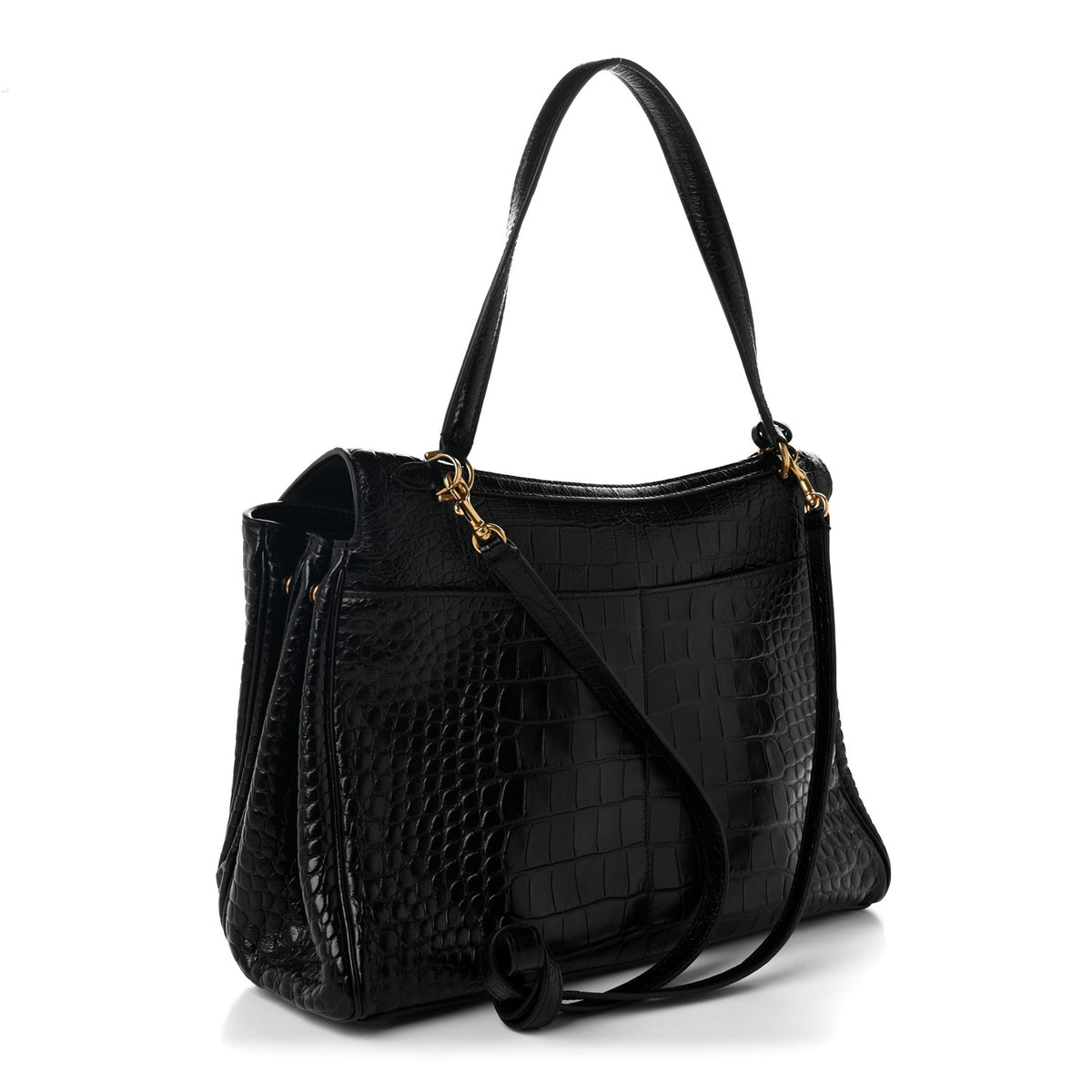 Shiny Calfskin Crocodile Embossed Medium Rodeo Top Handle Handbag Black