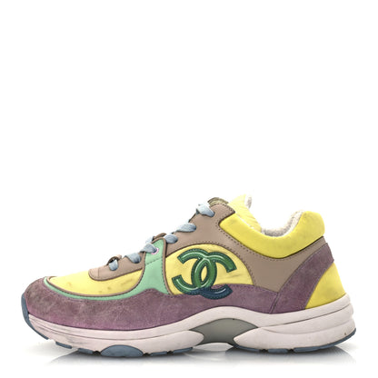 Chanel Nylon Lambskin Calfskin Suede CC Womens Sneakers 38.5 Pink Yellow Purple 1 of 15