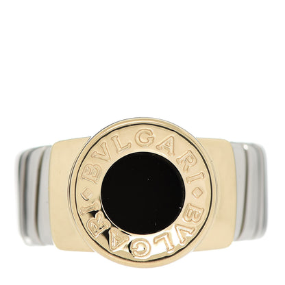 Bulgari Stainless Steel 18K Yellow Gold Onyx Tubogas Ring 54 6.75 1 of 5