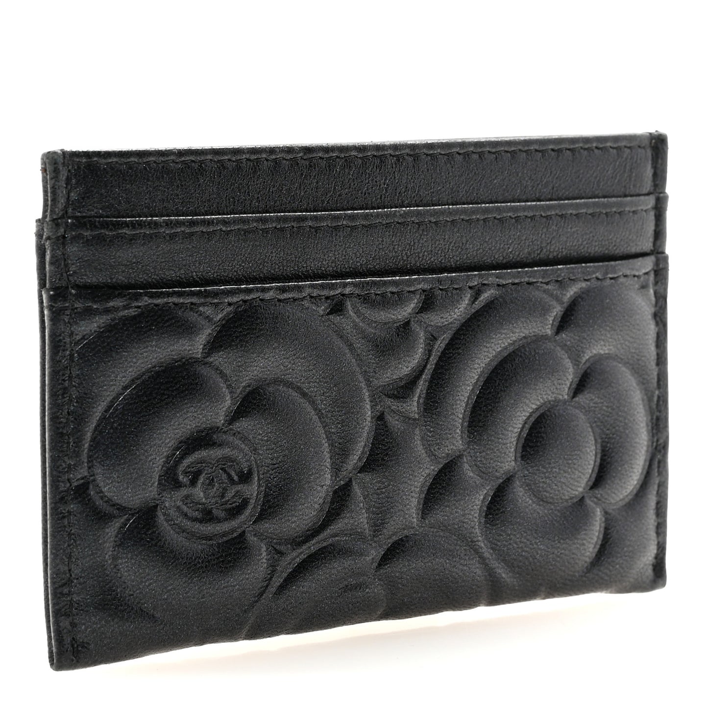 Lambskin Camellia Embossed Card Holder Black