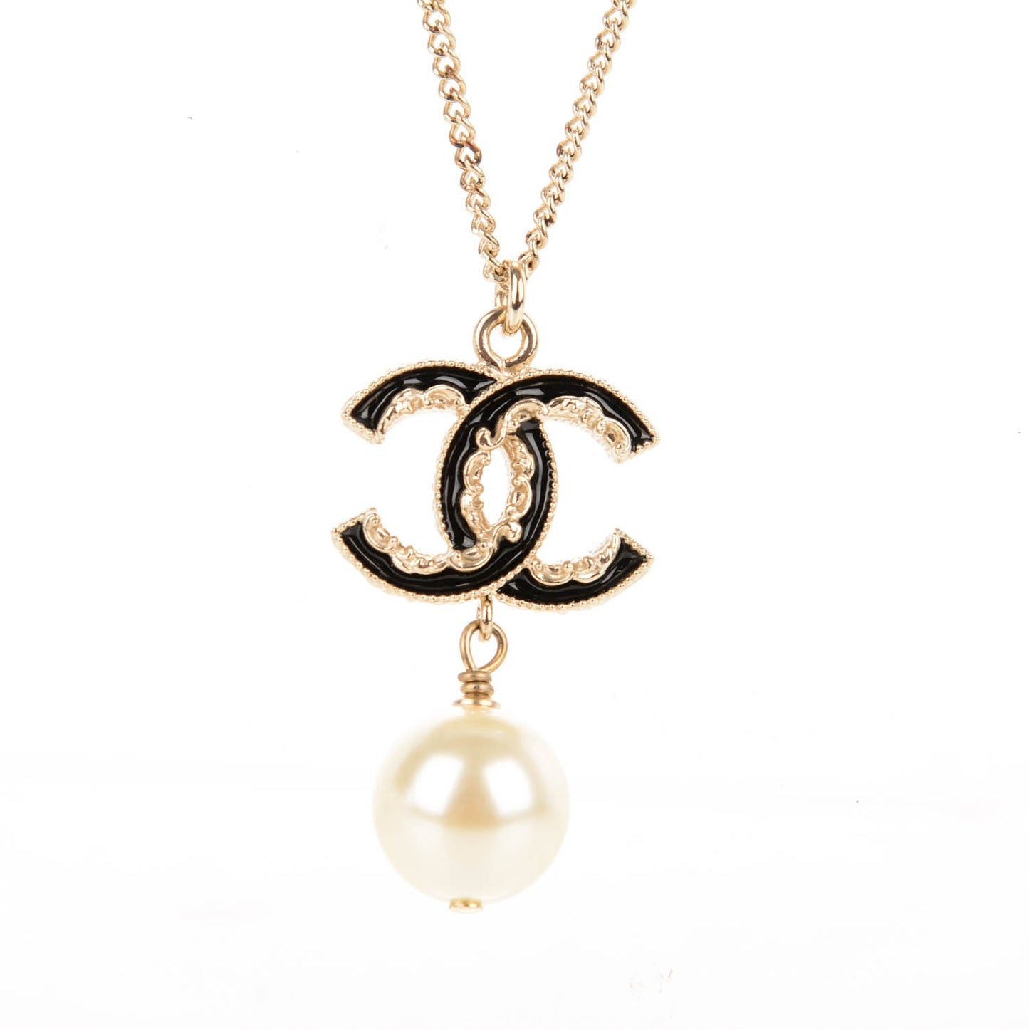 Enamel CC Pearl Drop Necklace Black Gold