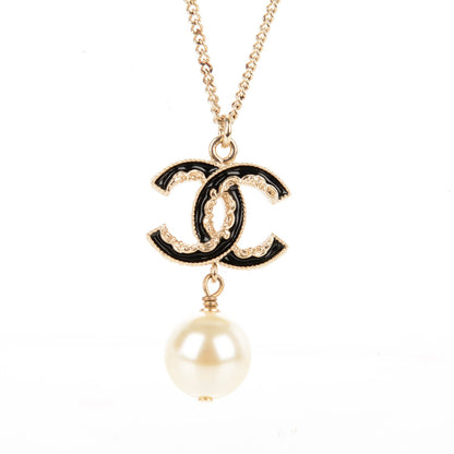 Chanel Enamel CC Pearl Drop Necklace Black Gold 3 of 6