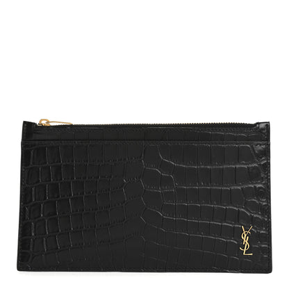 Saint Laurent Calfskin Crocodile Embossed Monogram Bill Pouch Black 1 of 11