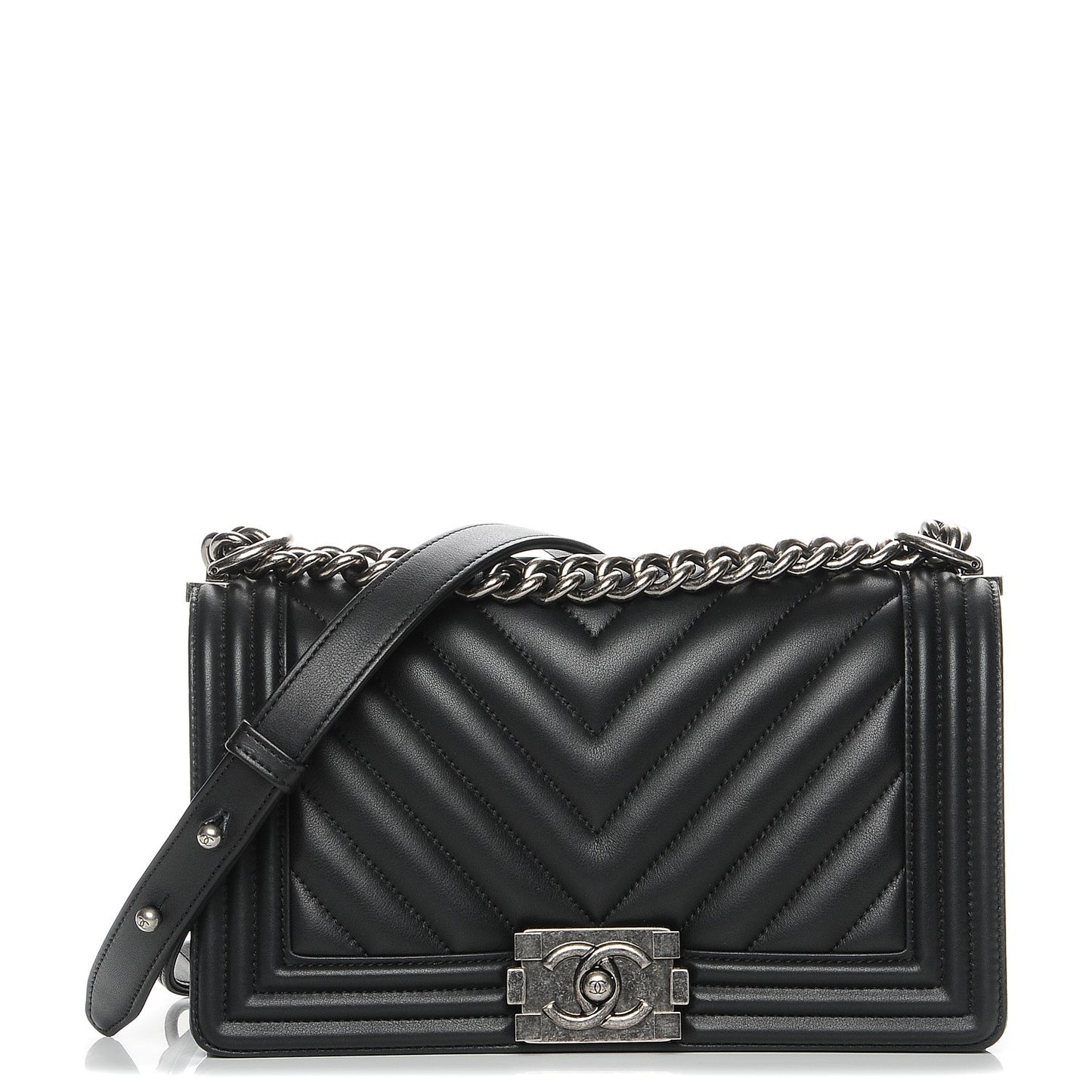 Calfskin Chevron Quilted Medium Boy Flap Black