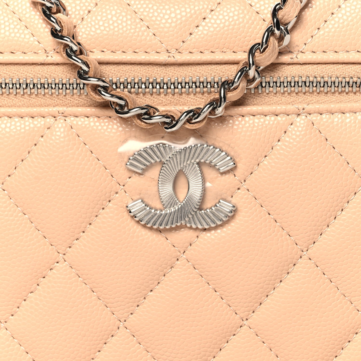 Chanel Caviar Quilted Ridged CC Top Handle Slim Vanity Case With Chain Beige 8 of 10