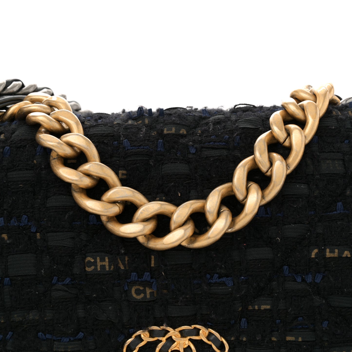 Tweed Quilted Large Chanel 19 Flap Black Navy Gold
