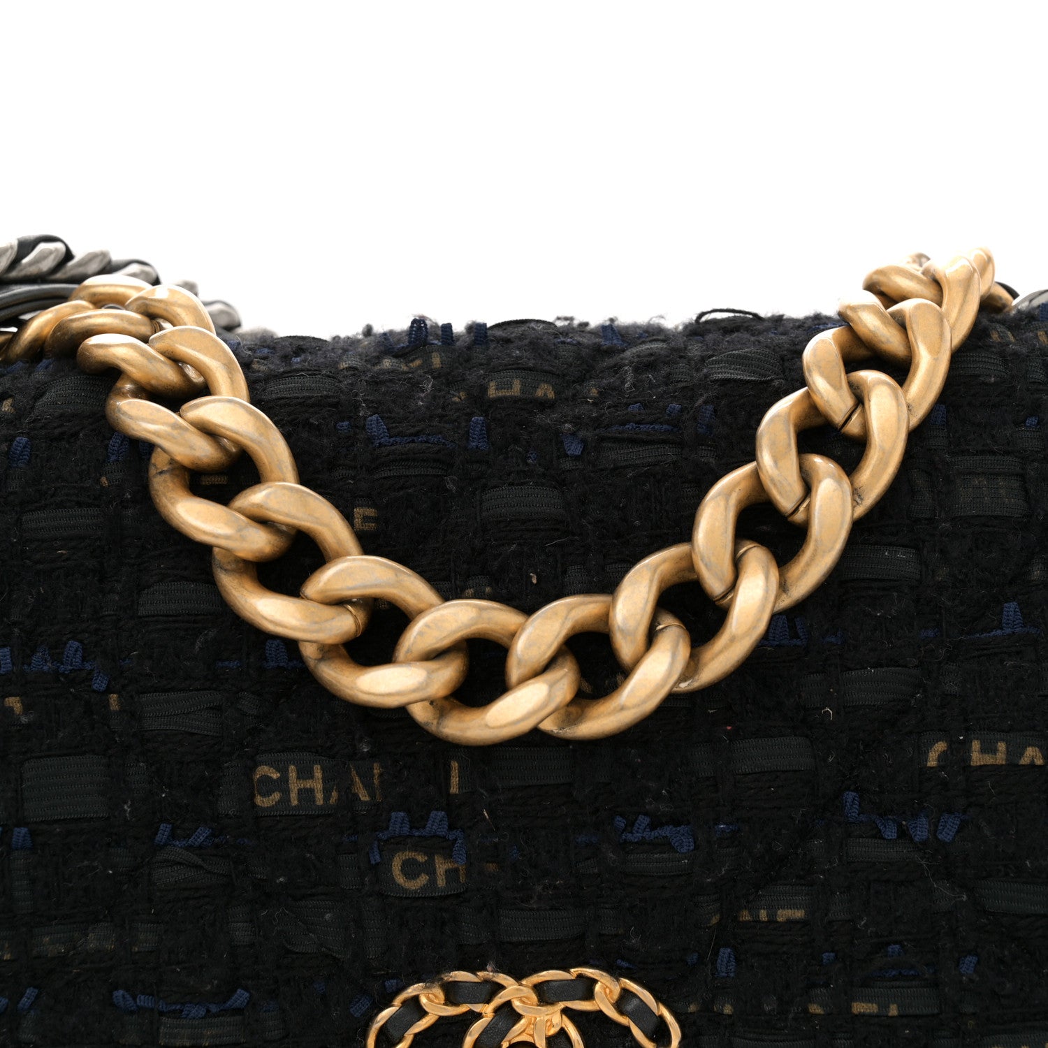 Chanel Tweed Quilted Large Chanel 19 Flap Black Navy Gold 8 of 11