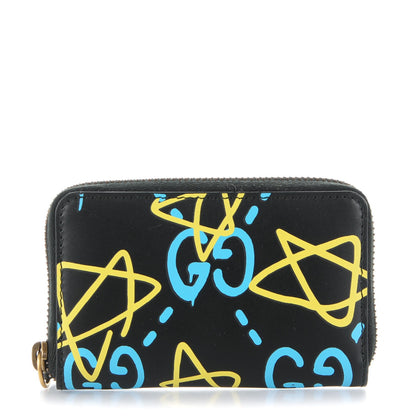 Gucci Calfskin GucciGhost Zip Around Card Case Black New Acquamarine 1 of 7