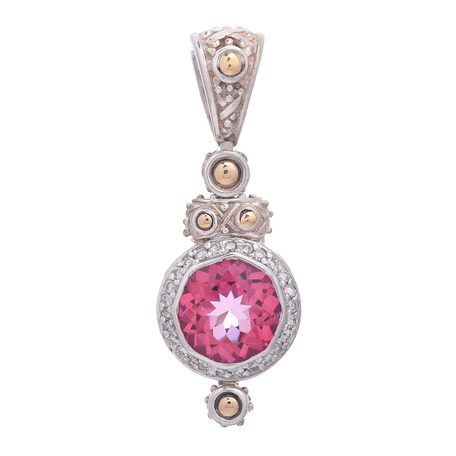 John Hardy Sterling Silver 18K Yellow Gold Pink Topaz Diamond Batu Sari Pendant 1 of 4
