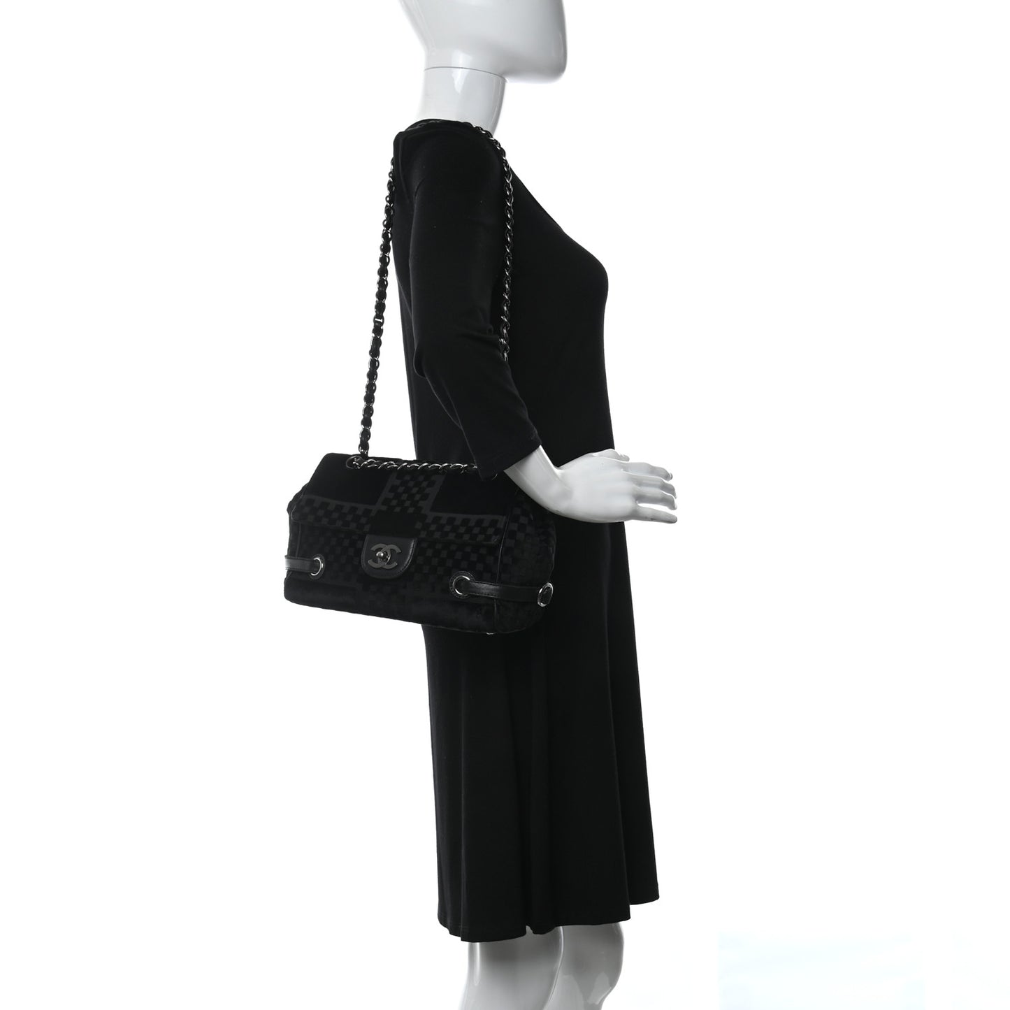 Velvet Checkered Flap Bag Black