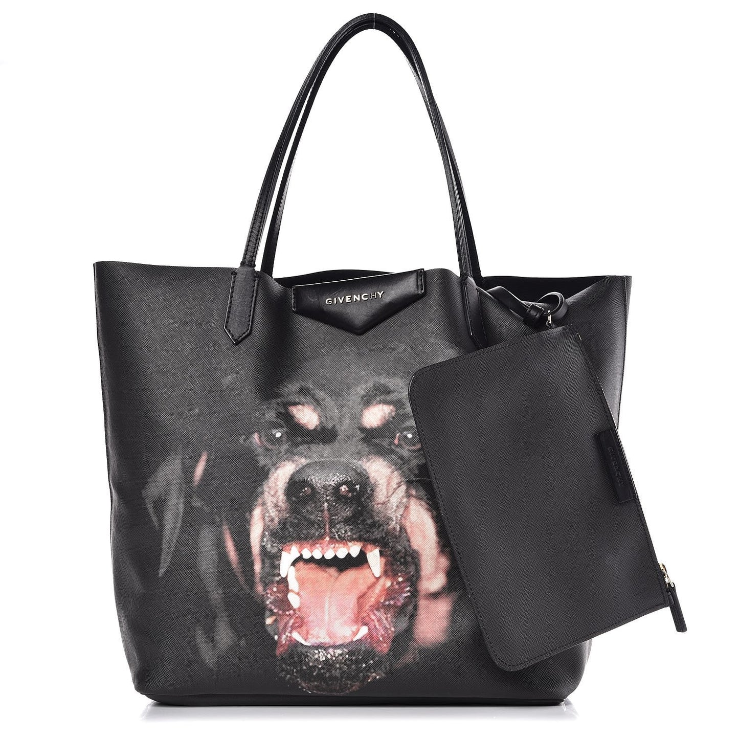 Textured Coated Canvas Rottweiler Print Medium Antigona Tote Black