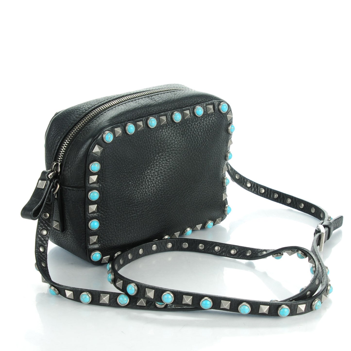 Grained Calfskin Turquoise Rockstud Rolling Camera Crossbody Bag Black