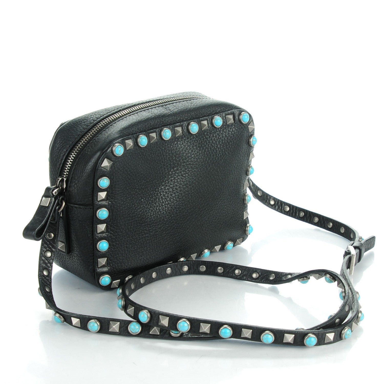 Valentino Garavani Grained Calfskin Turquoise Rockstud Rolling Camera Crossbody Bag Black 3 of 7