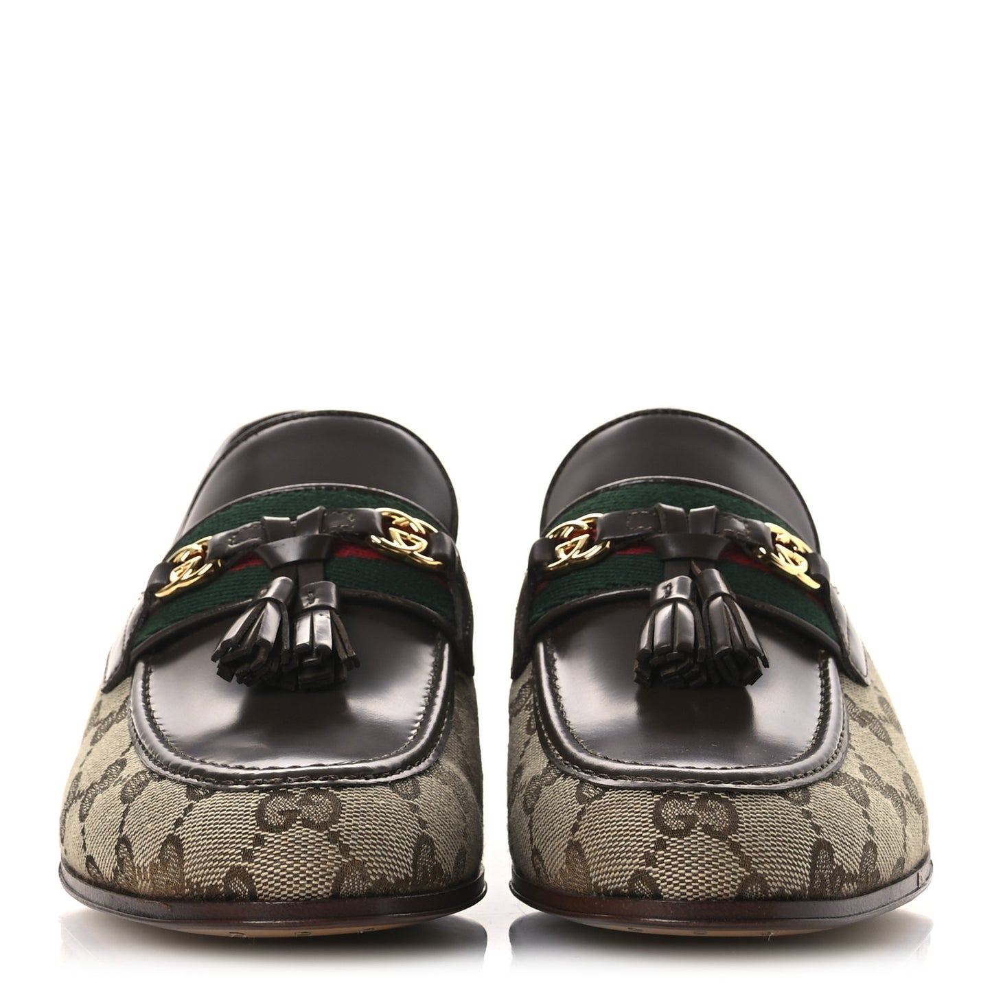 Monogram Calfskin Web Womens Tassel Loafers 37 Beige Brown