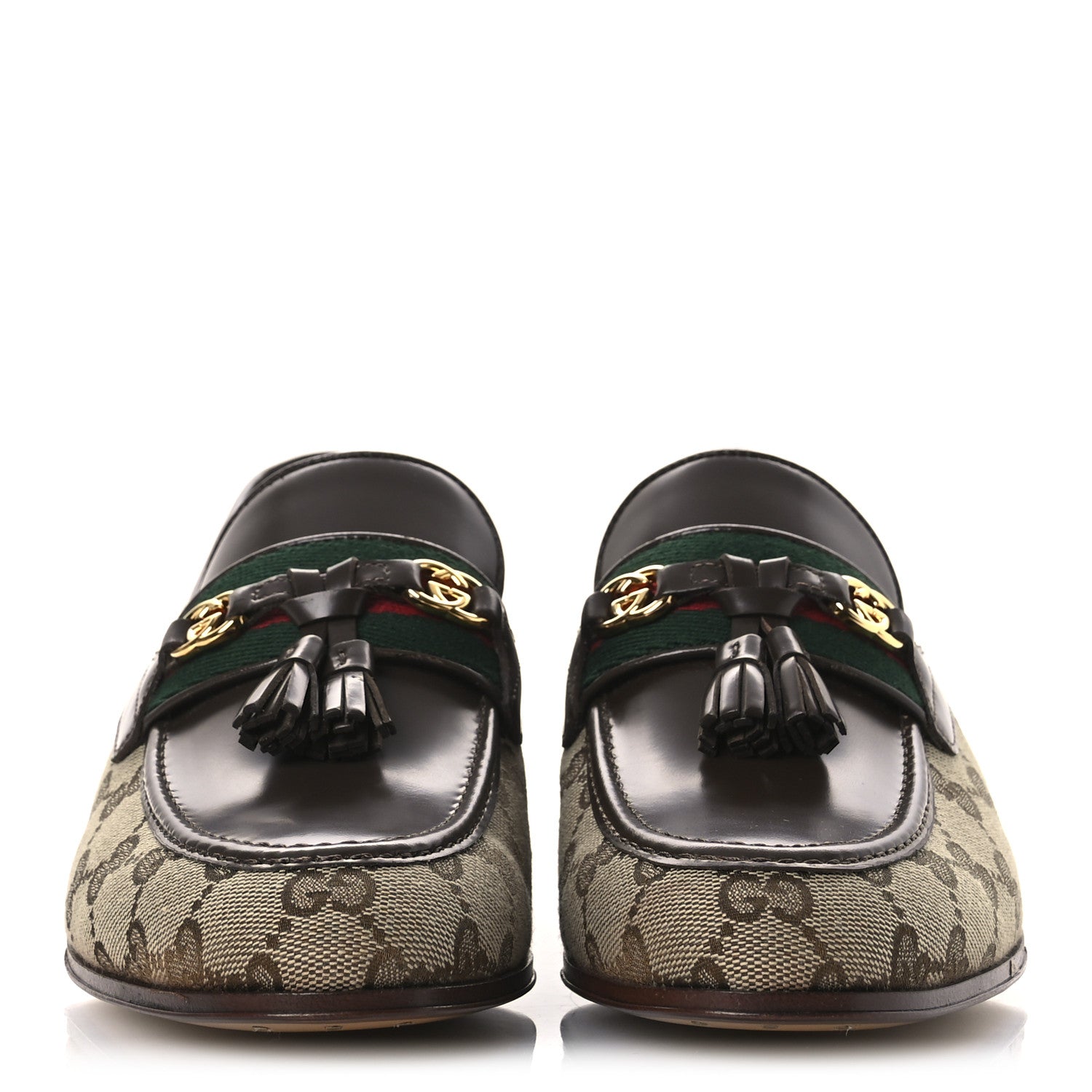 Gucci Monogram Calfskin Web Womens Tassel Loafers 37 Beige Brown 3 of 11