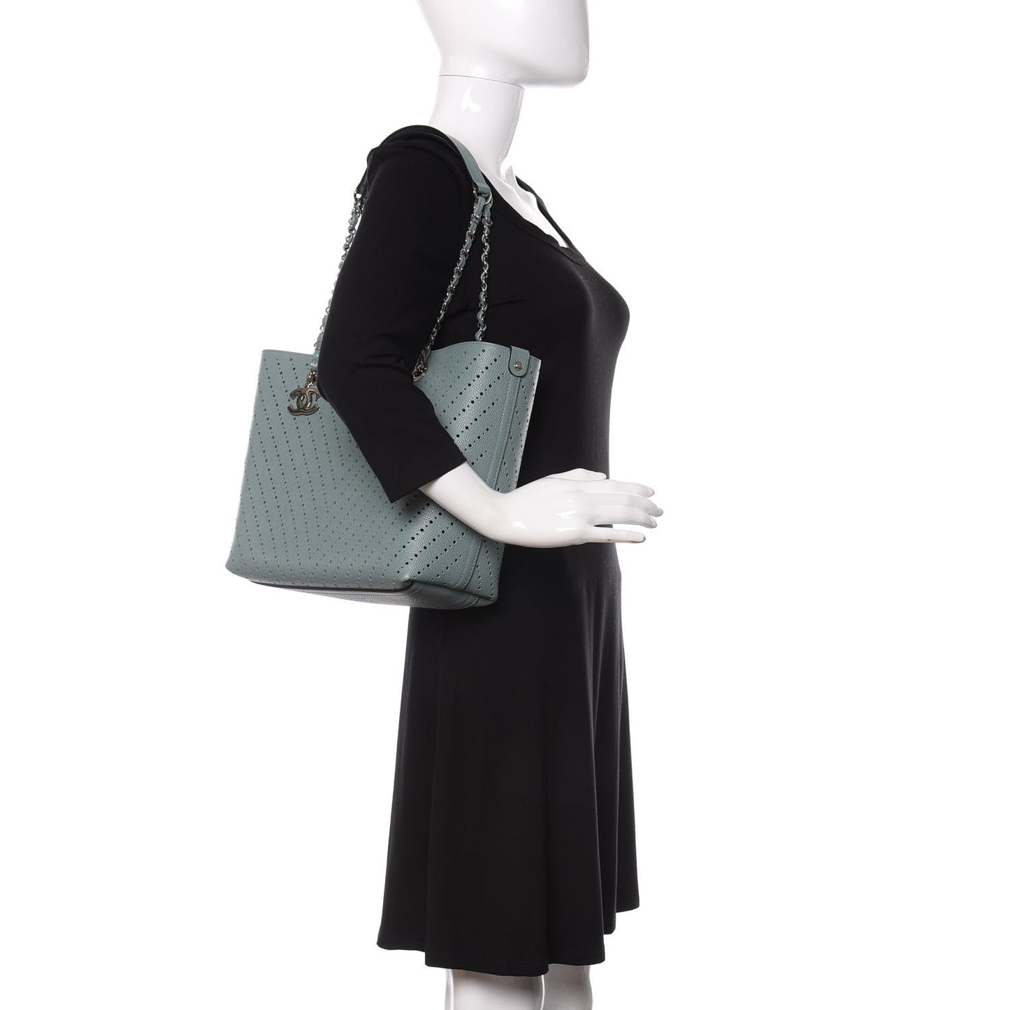 Perforated Grained Calfskin Large Shopping Tote Green