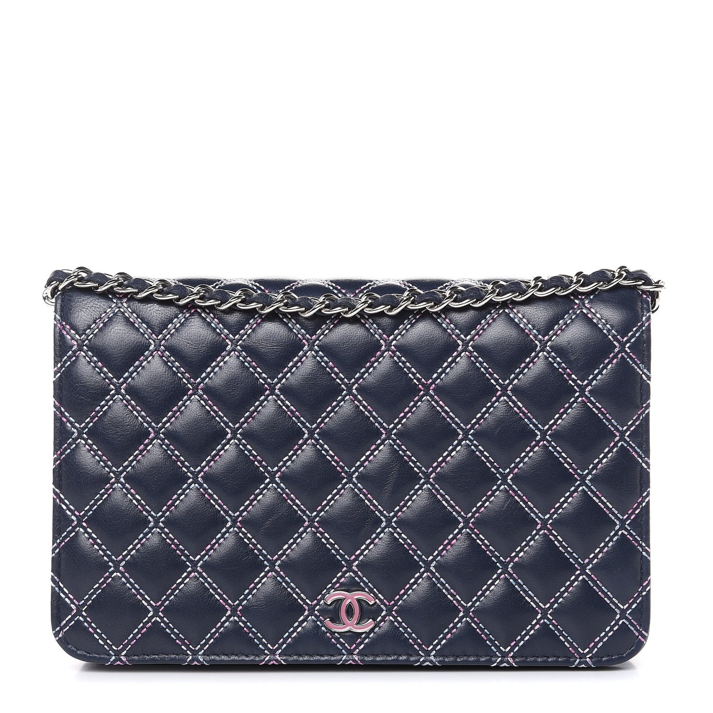 Lambskin Double Quilted Stitch Wallet On Chain WOC Navy Blue