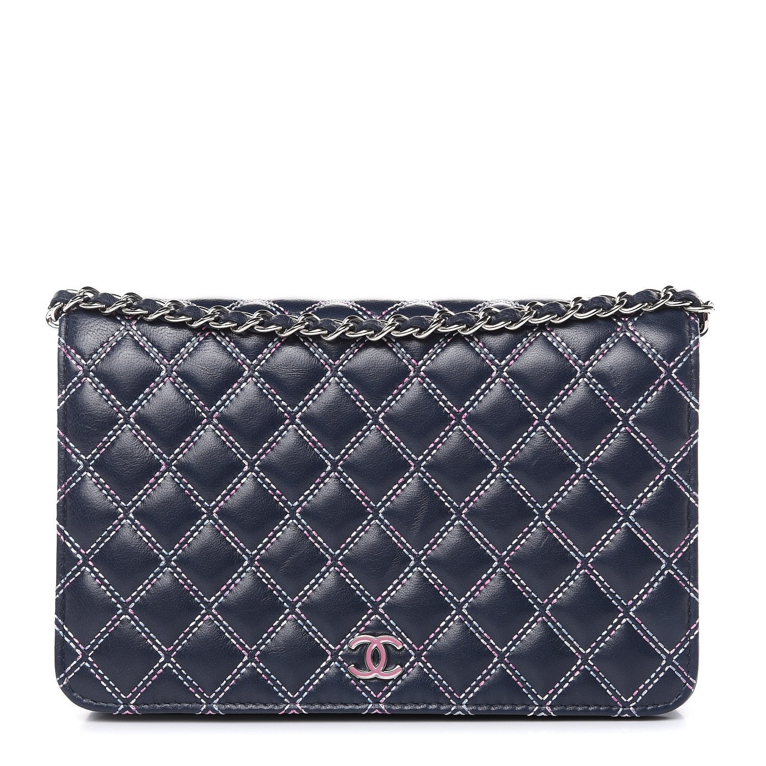 Chanel Lambskin Double Quilted Stitch Wallet On Chain WOC Navy Blue 1 of 14