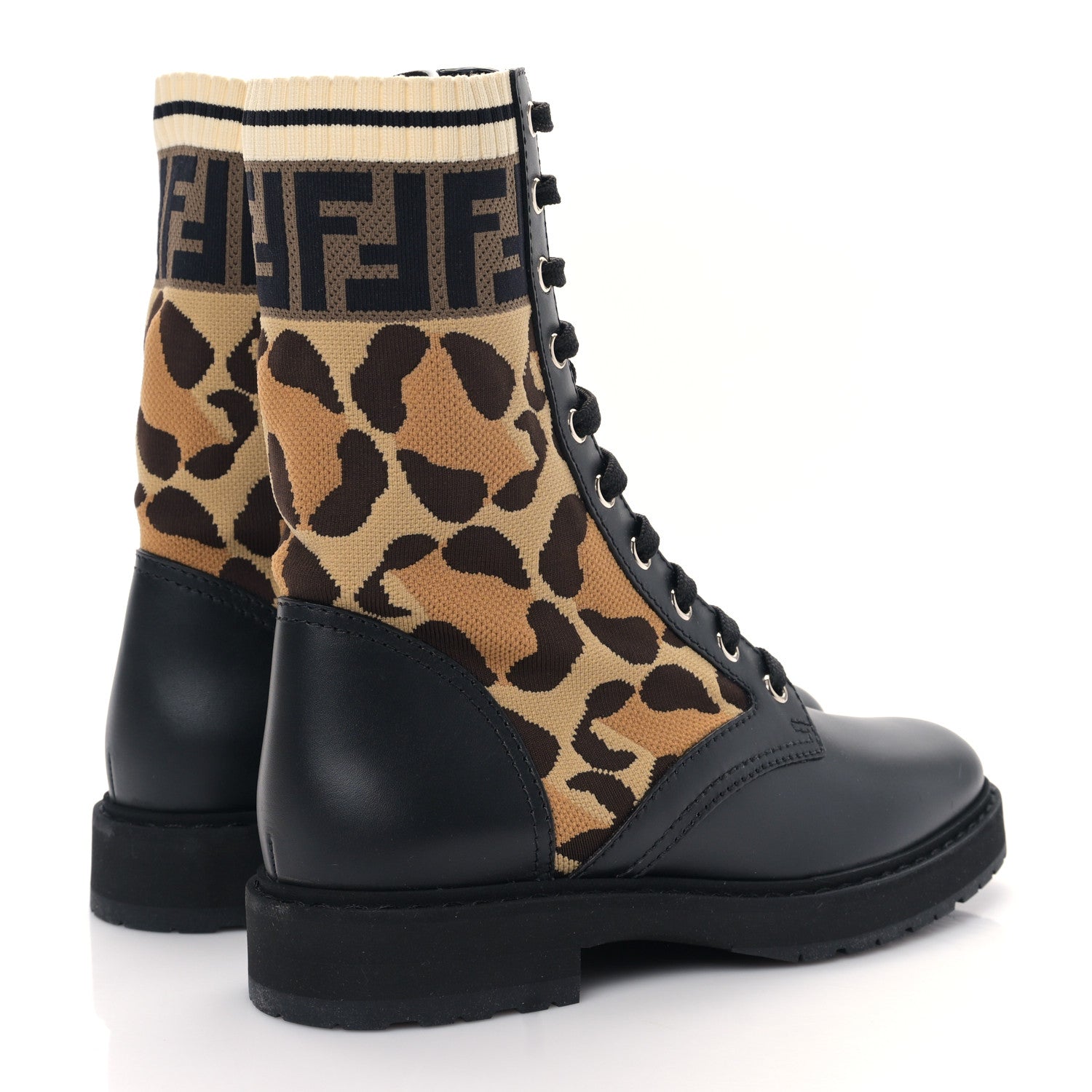 Fendi Calfskin Stretch Fabric FF Leopard Rockoko Biker Boots 37 Black 4 of 6
