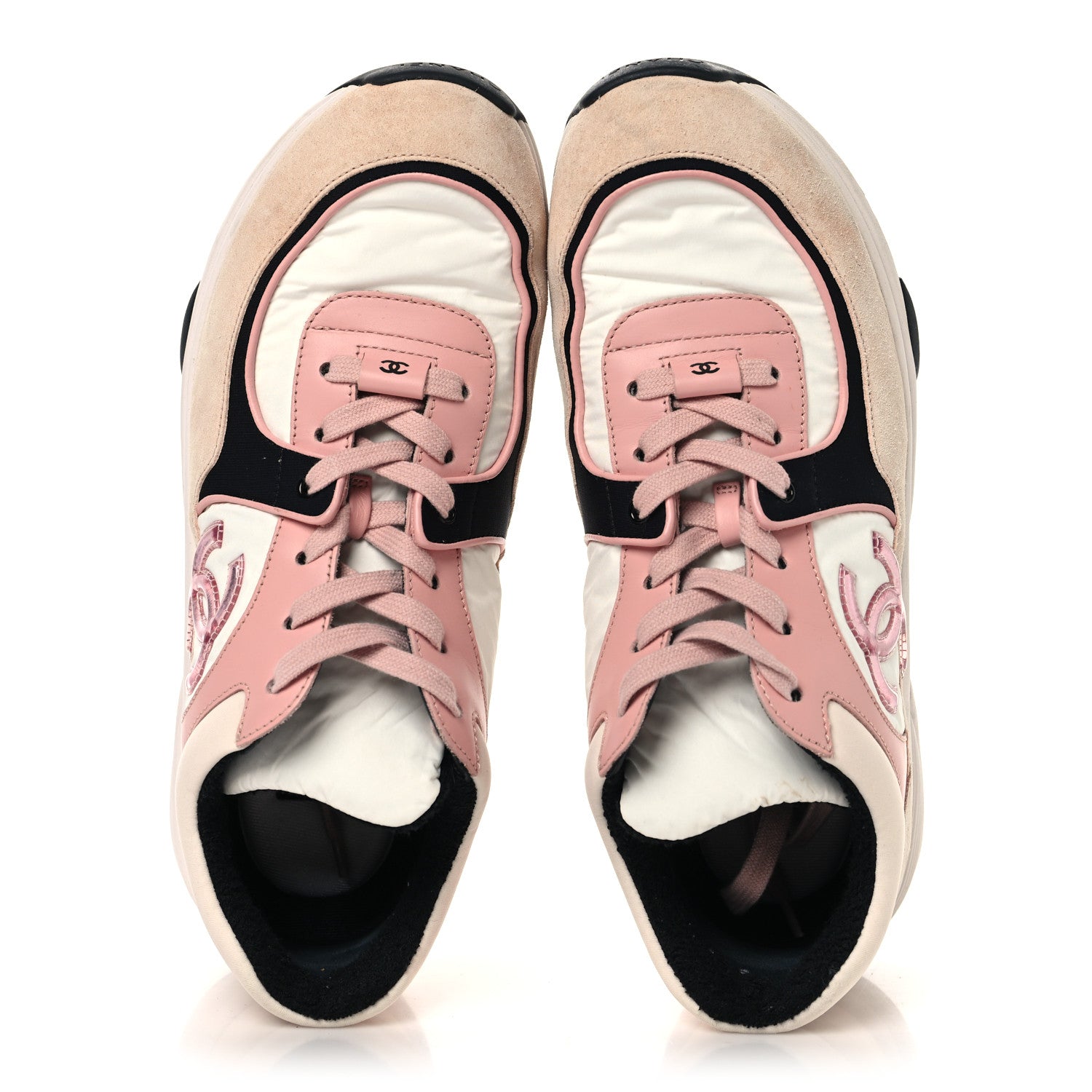 Chanel Nylon Lambskin Suede Calfskin CC Sneakers 39.5 Pink White Black 2 of 8