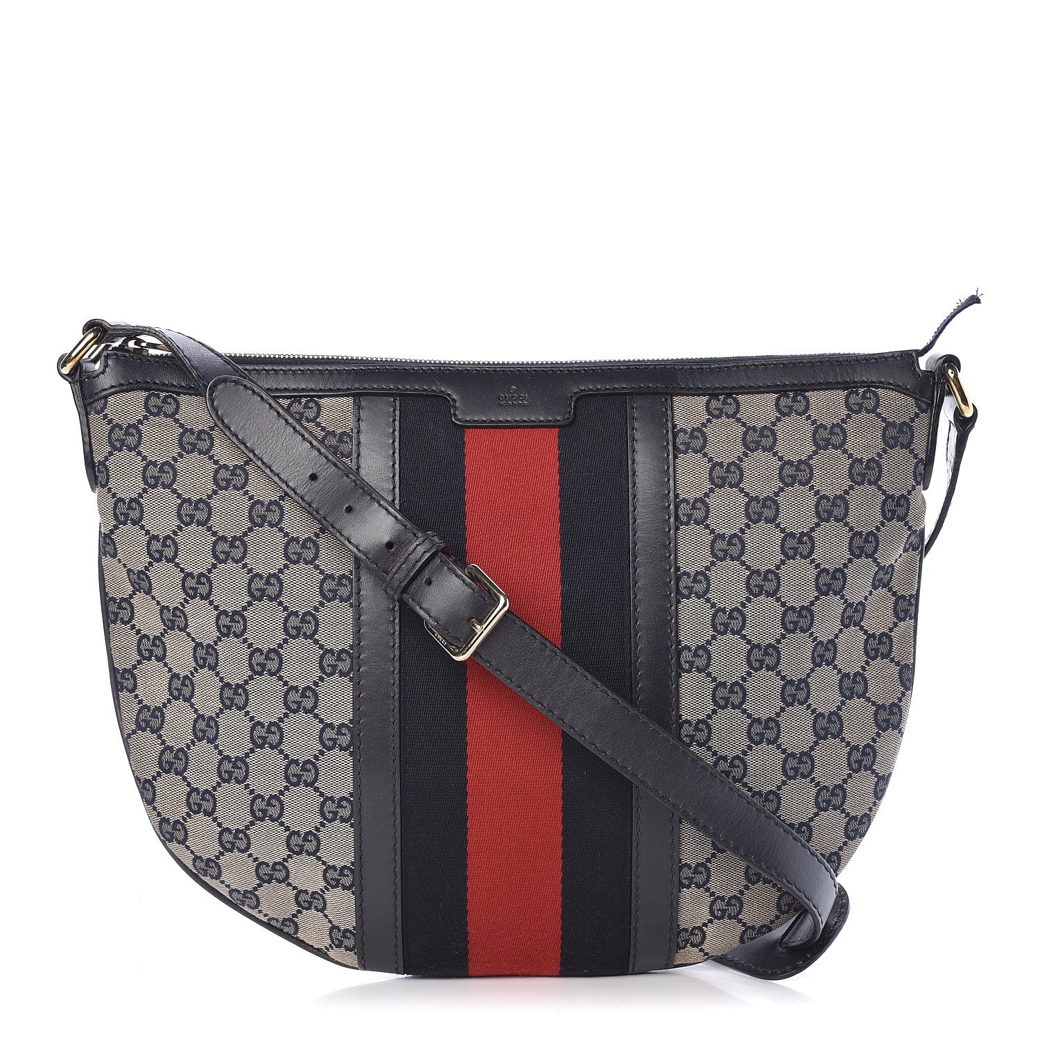 Gucci Monogram Vintage Web Medium Half Moon Hobo Navy 1 of 16