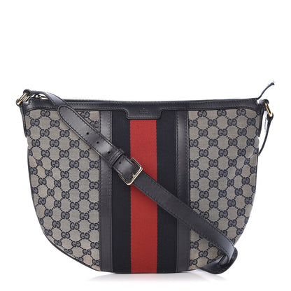 Gucci Monogram Vintage Web Medium Half Moon Hobo Navy 1 of 16