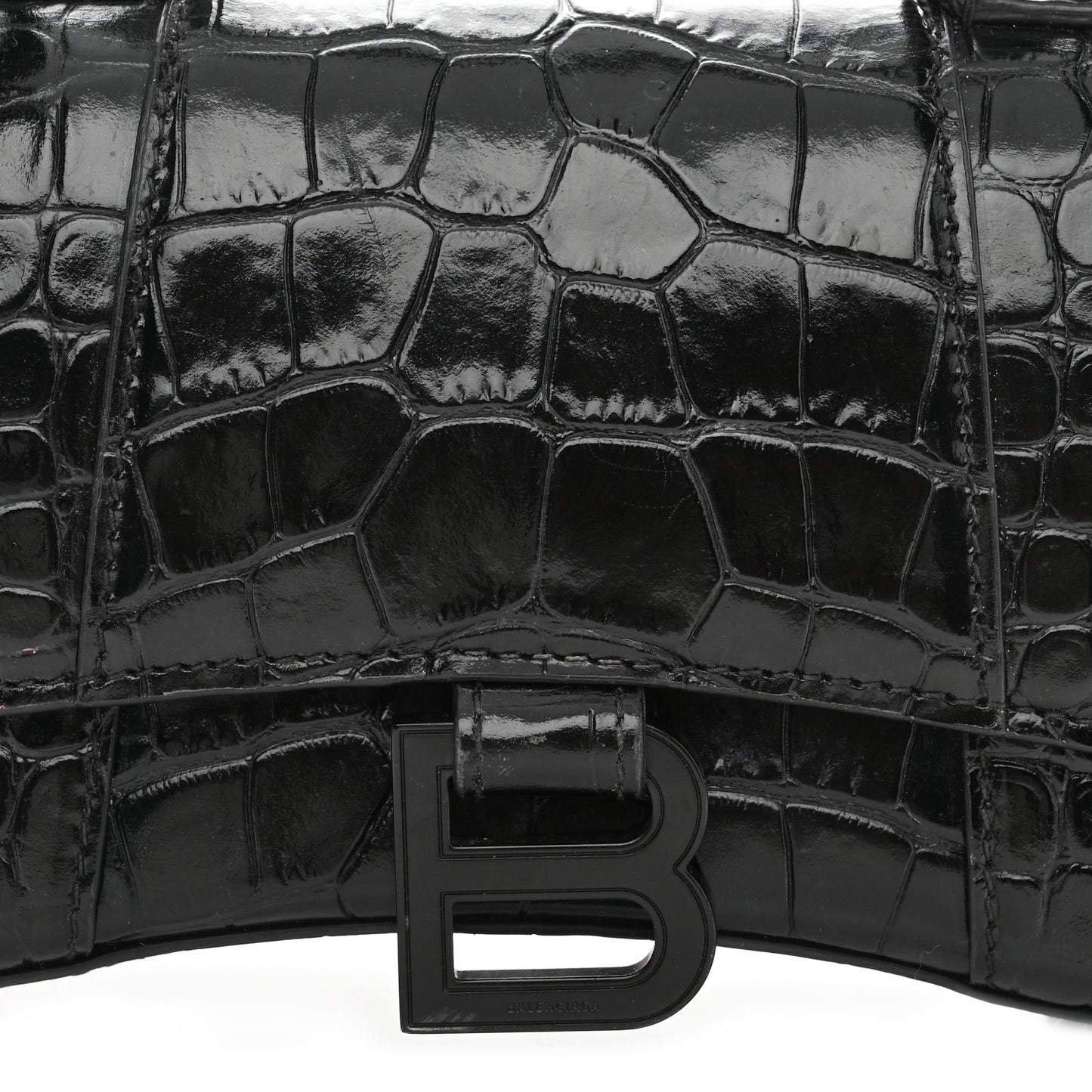 Shiny Calfskin Monochrome Crocodile Embossed Hourglass Top Handle Bag XS Black