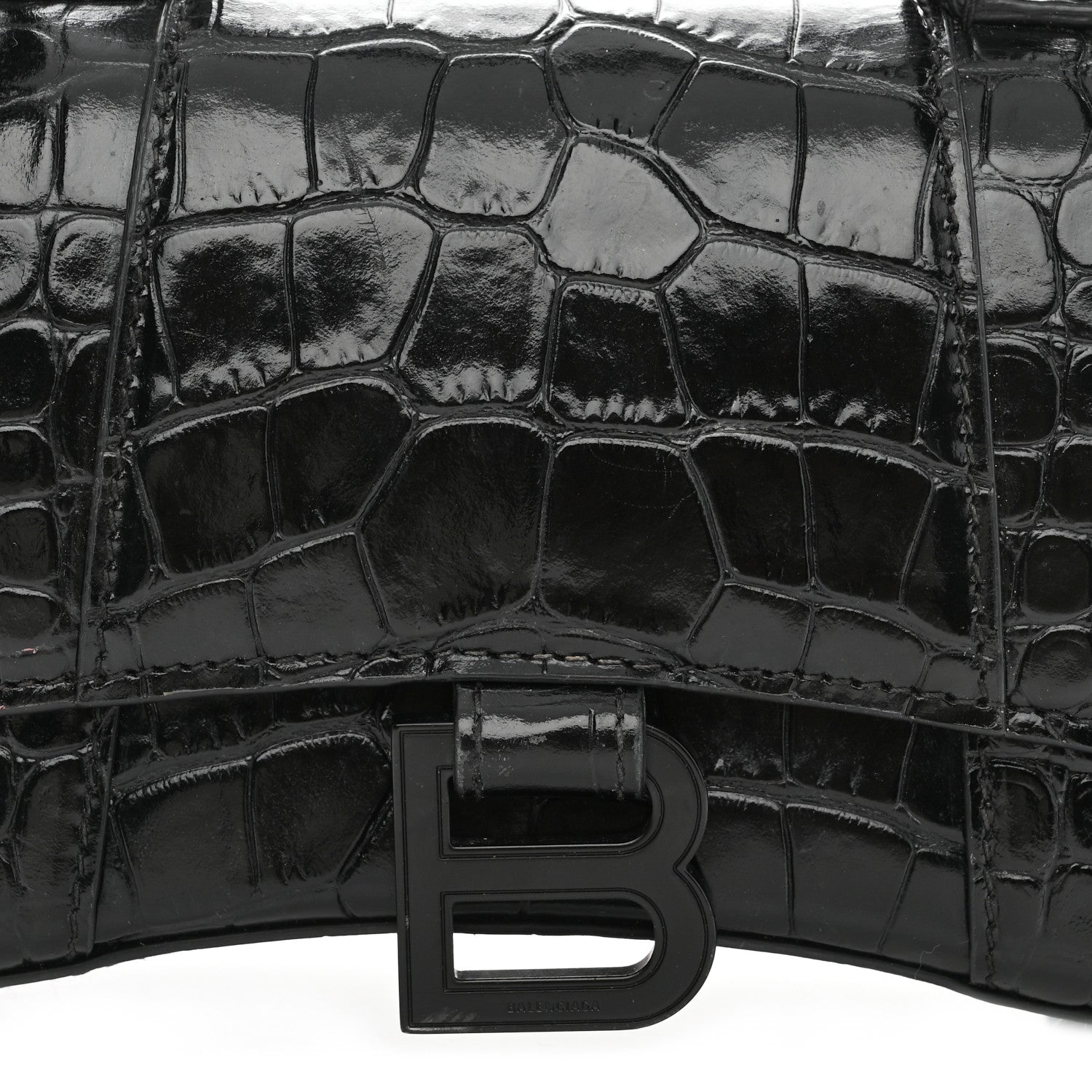 Balenciaga Shiny Calfskin Monochrome Crocodile Embossed Hourglass Top Handle Bag XS Black 7 of 9