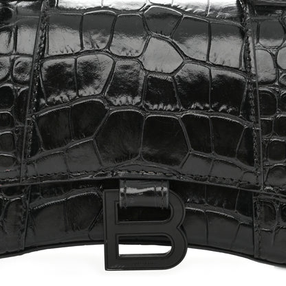 Balenciaga Shiny Calfskin Monochrome Crocodile Embossed Hourglass Top Handle Bag XS Black 7 of 9