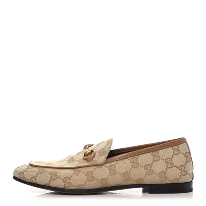 Gucci Canvas GG Monogram Horsebit Womens Jordaan Loafers 37.5 New Sand Friky Taupe 1 of 12