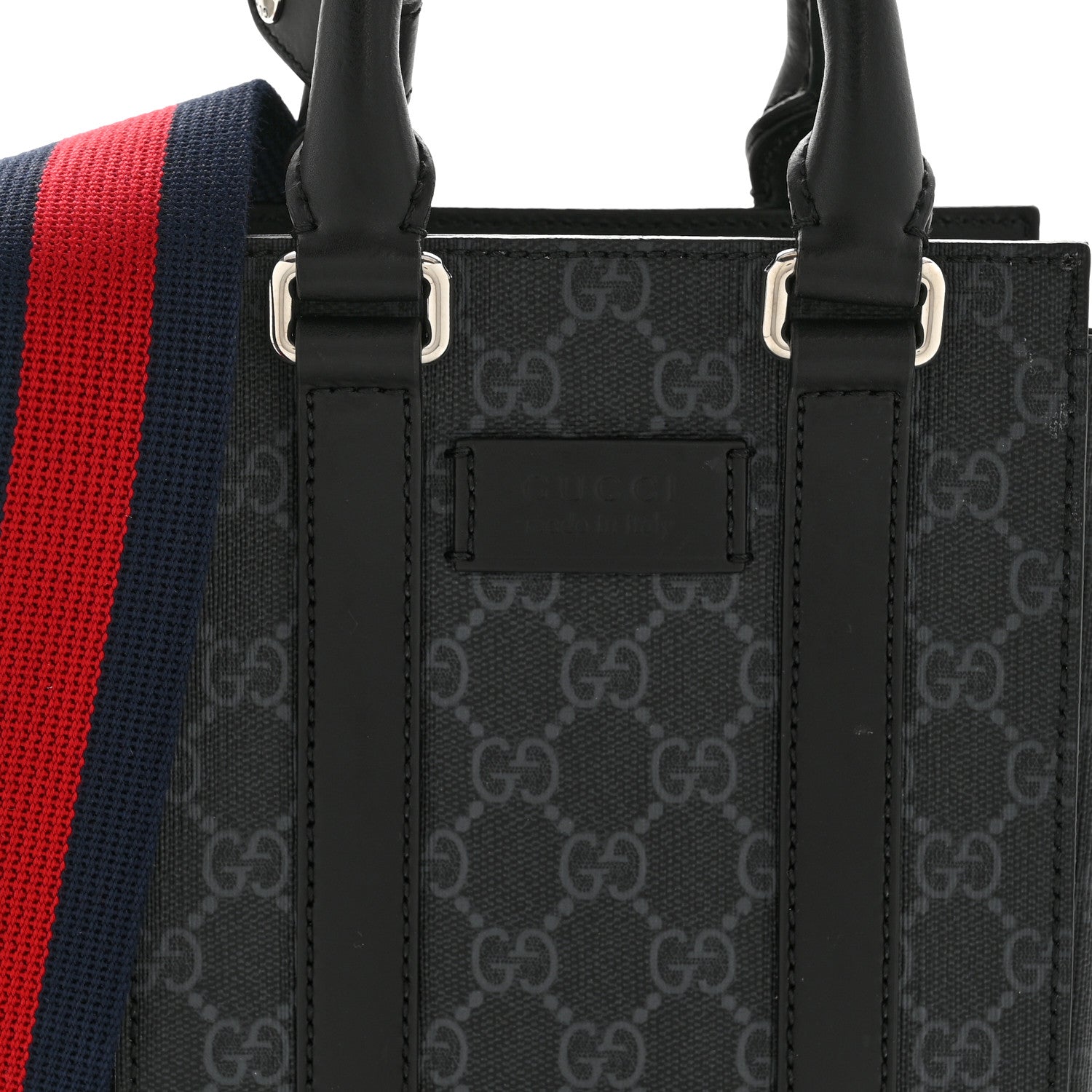 Gucci GG Supreme Monogram Appia Calfskin Web Mini Tote Bag Black 8 of 14