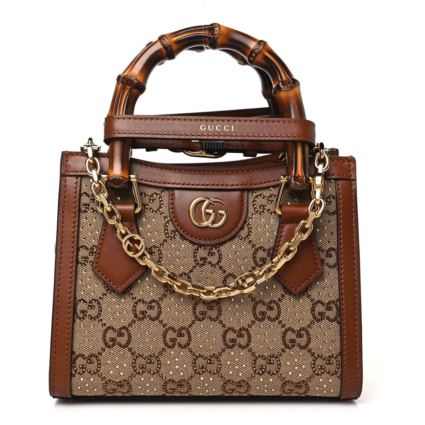 New Canvas Charisma Calfskin Crystal GG Monogram Mini Diana Tote Bag Camel Ebony