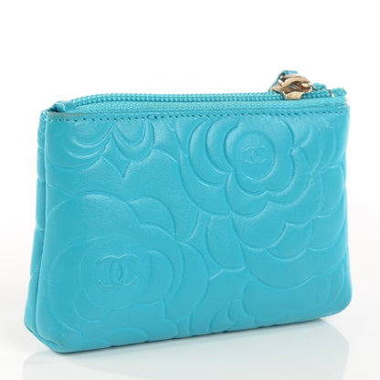 Chanel Lambskin Camellia Embossed Key Holder Case Turquoise 3 of 9