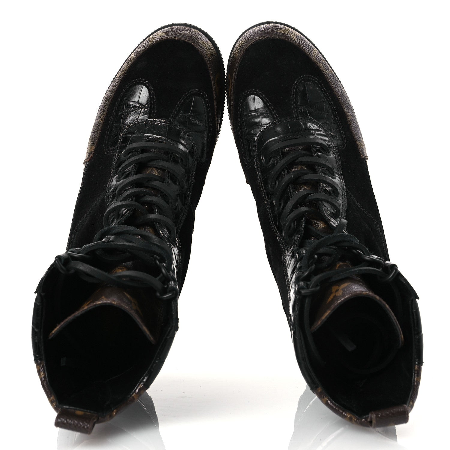 Louis Vuitton Suede Calfskin Crocodile Embossed Patent Monogram Laureate Platform Desert Boots 37 Black 2 of 12