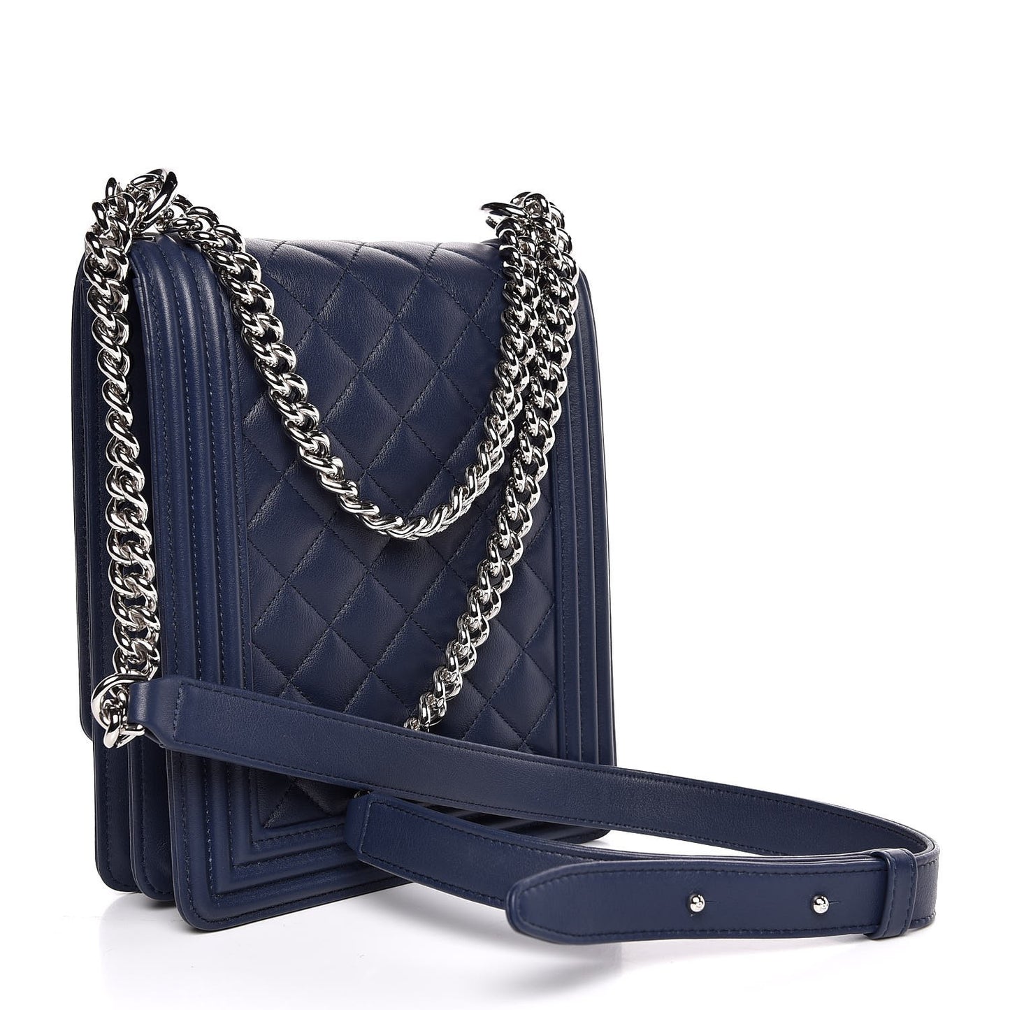 Calfskin Quilted North South Boy Flap Navy