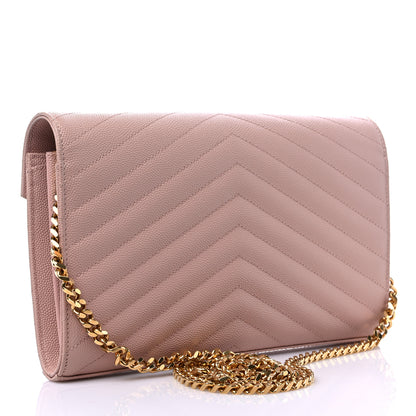Saint Laurent Grain De Poudre Matelasse Chevron Monogram Chain Wallet Pale Blush 3 of 7