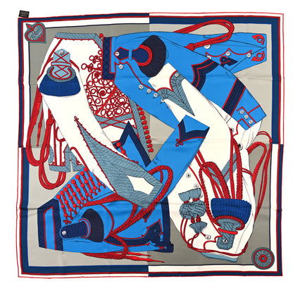 Hermes Silk Zouaves Et Dragons Scarf 90 Gris Bleu Cobalt 1 of 3