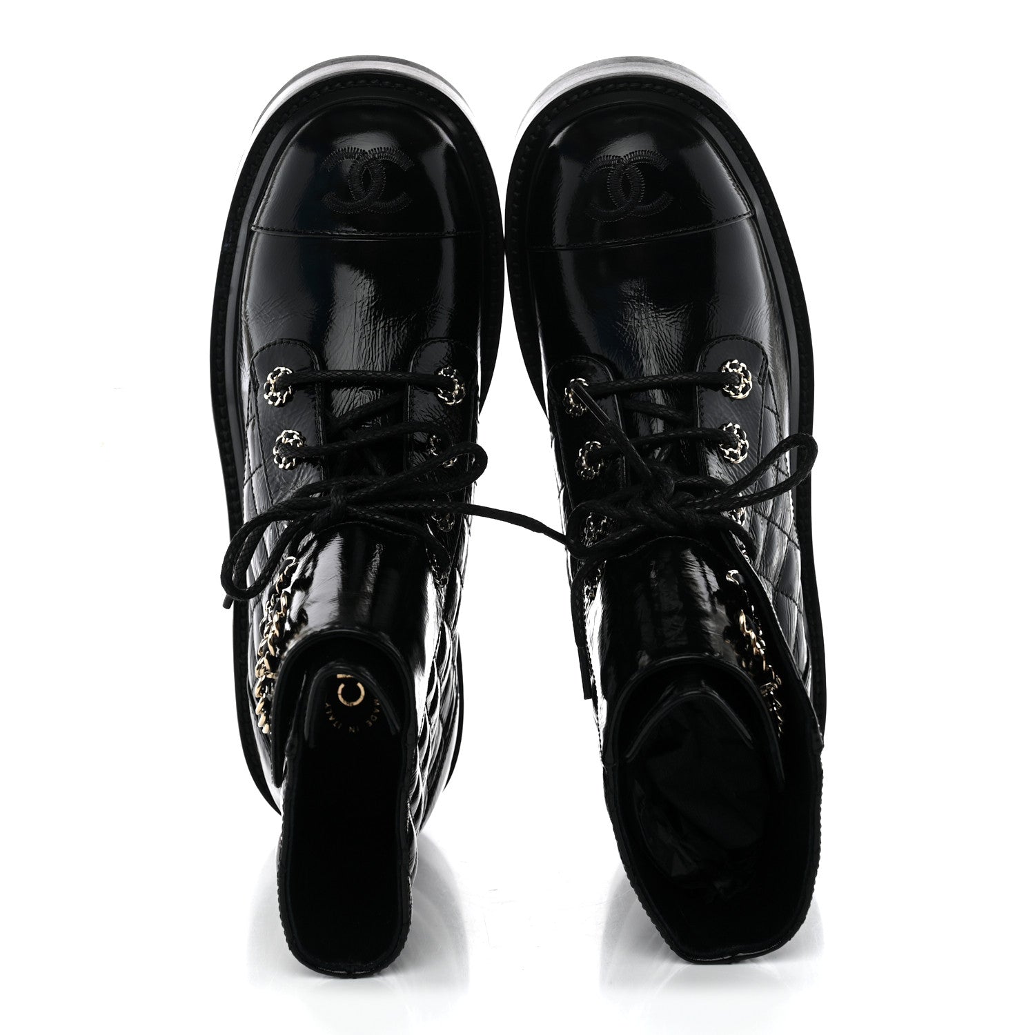 Chanel Shiny Goatskin Calfskin Quilted Lace Up Combat Boots 38 Black 5 of 11
