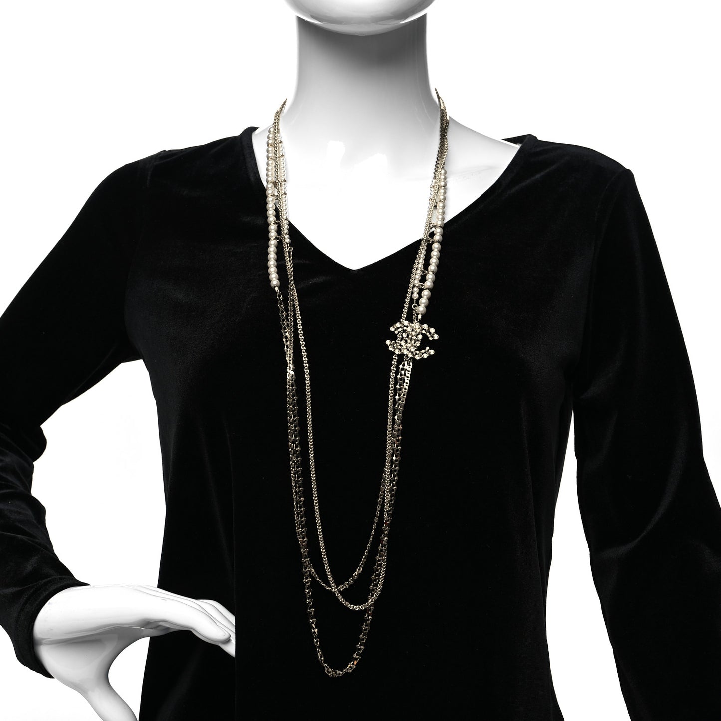 Crystal Pearl CC Long Multistrand Necklace Gold