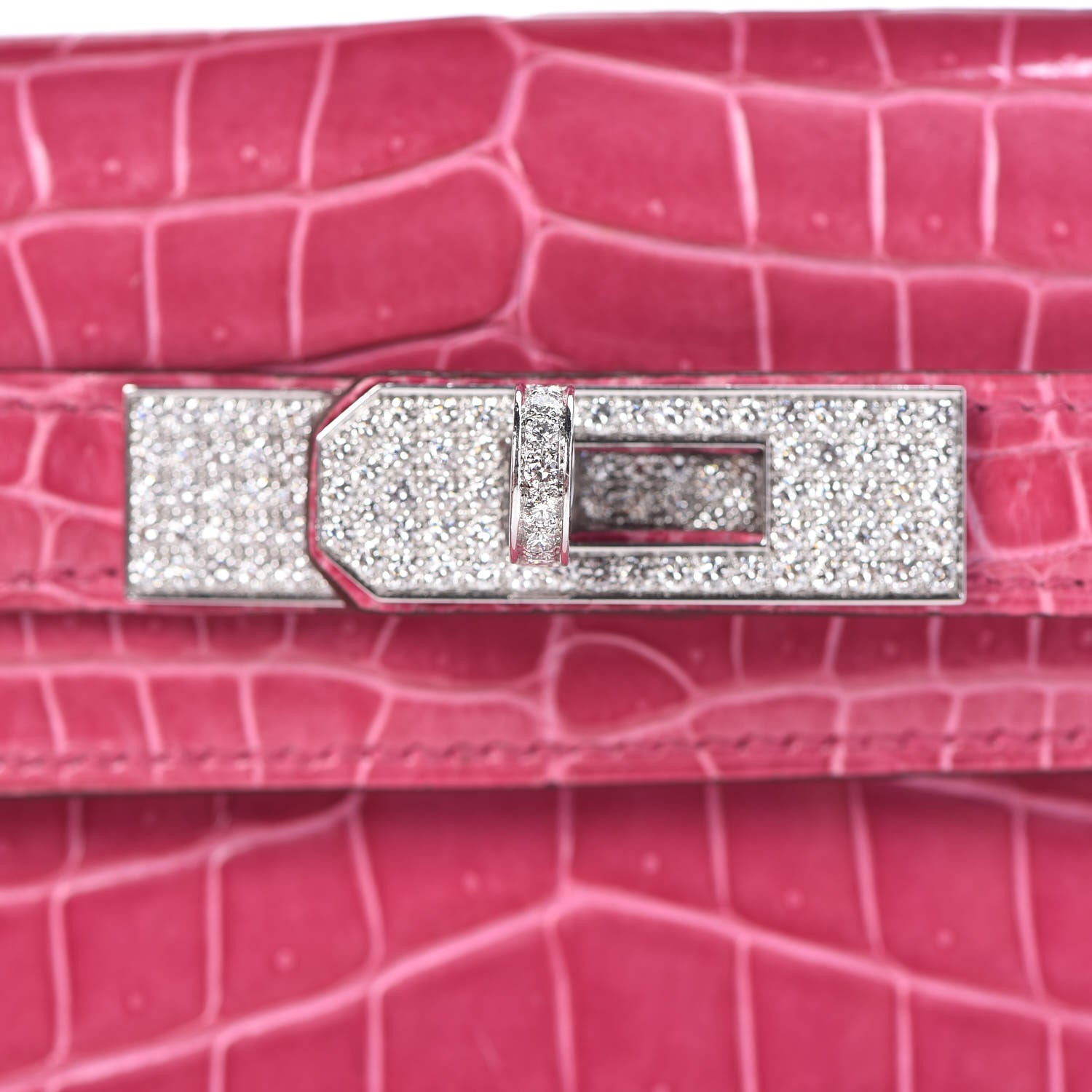 Hermes Shiny Porosus Crocodile 18K White Gold Diamond Kelly Cut Pochette Rose Tyrien 23 of 27