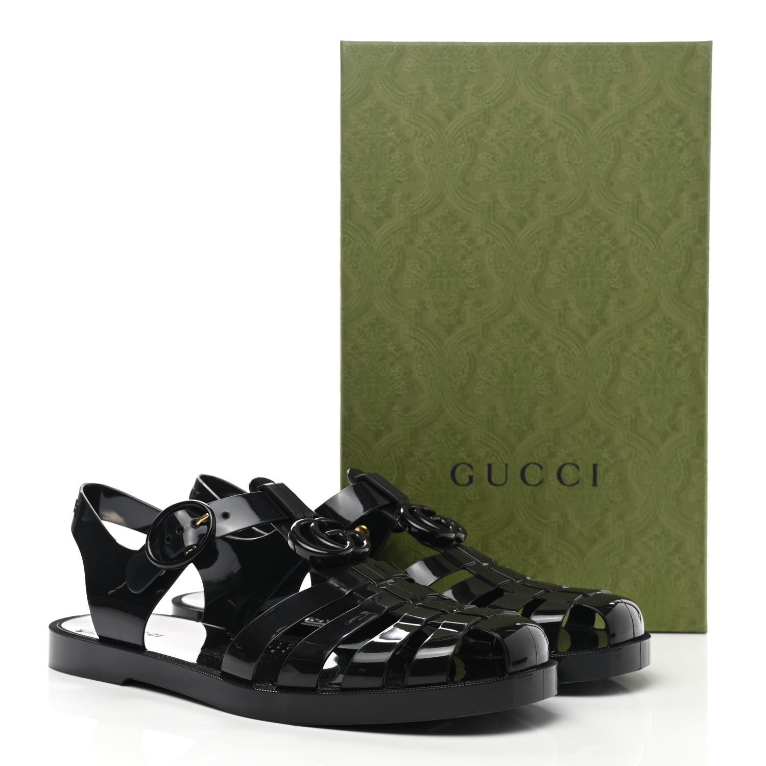 Gucci Shiny Rubber Double G Buckle Strap Sandals 40 Black 16 of 16