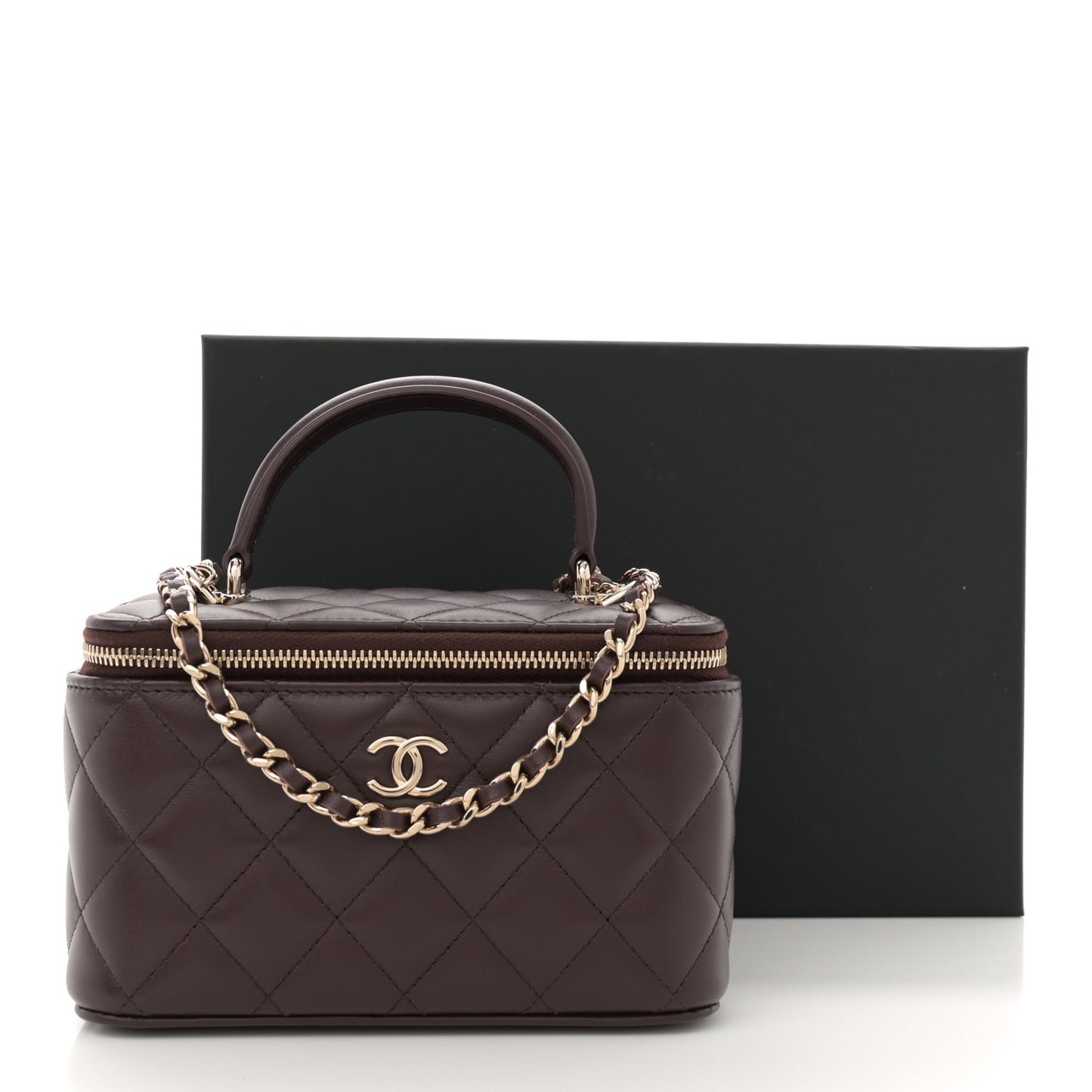 Lambskin Quilted Small Top Handle Vanity Case With Chain Dark Brown