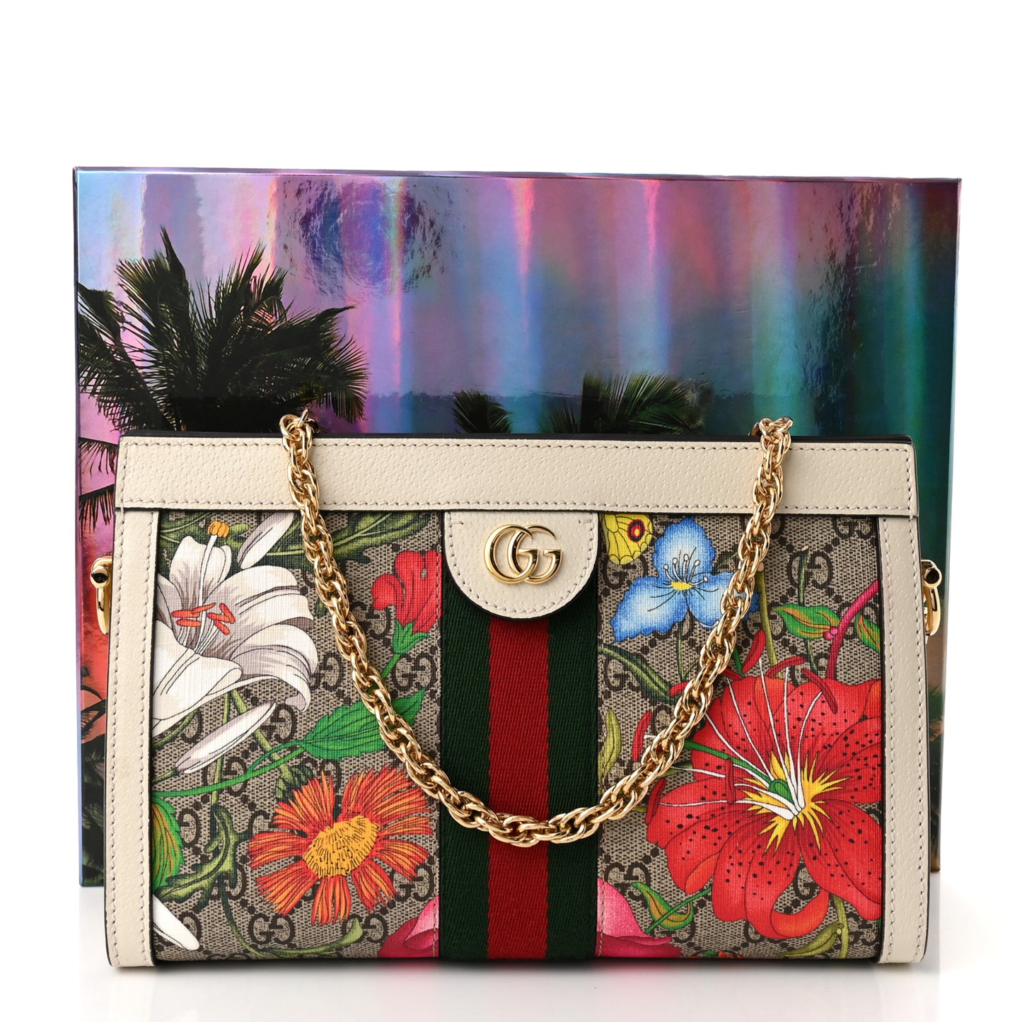 GG Supreme Monogram Flora Web Small Ophidia Chain Shoulder Bag White