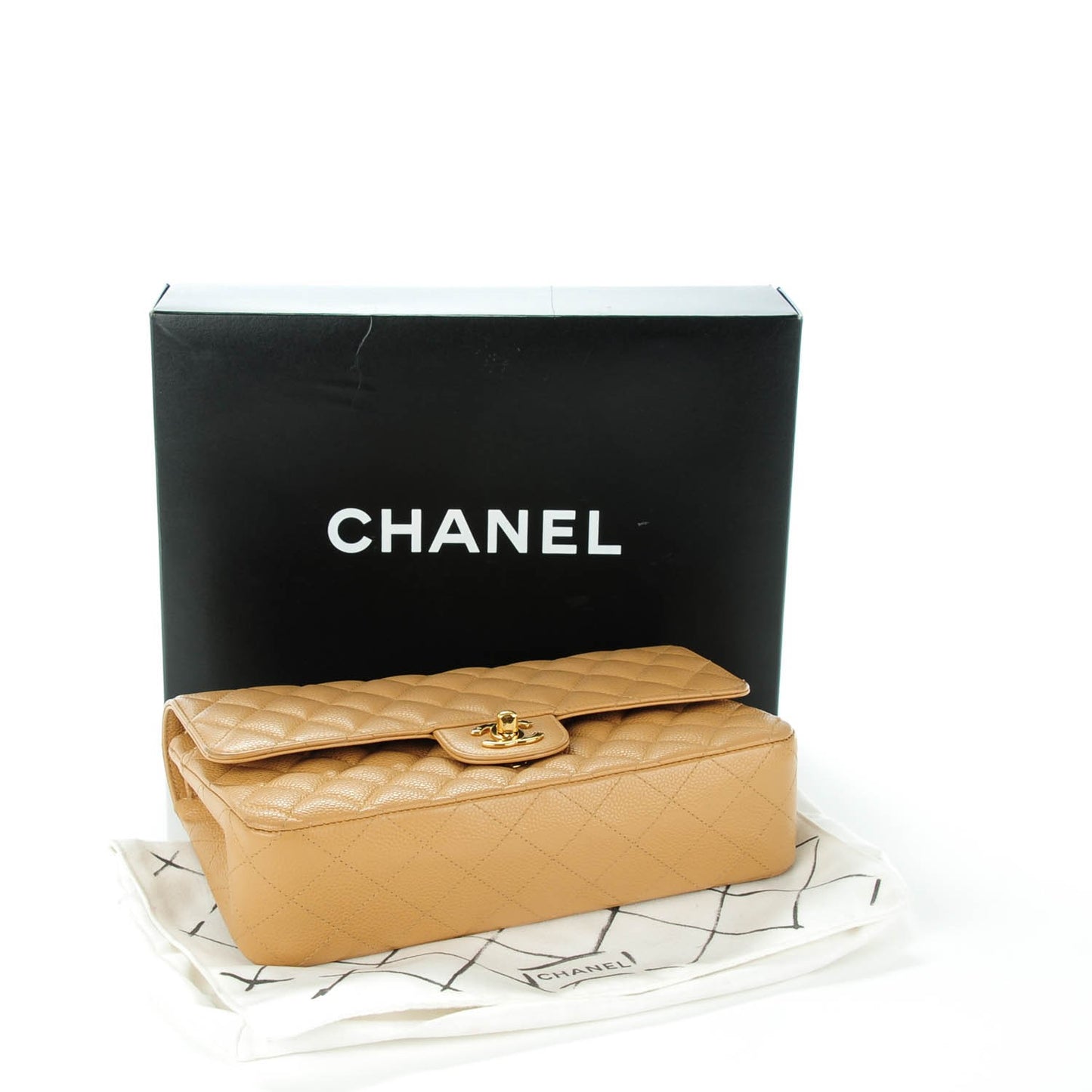 Caviar Quilted Medium Double Flap Beige