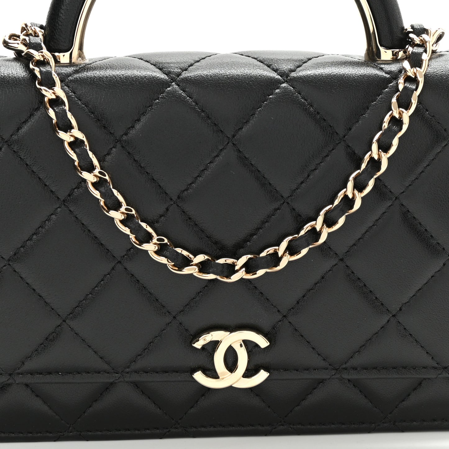 Lambskin Quilted Top Handle Wallet On Chain WOC Black