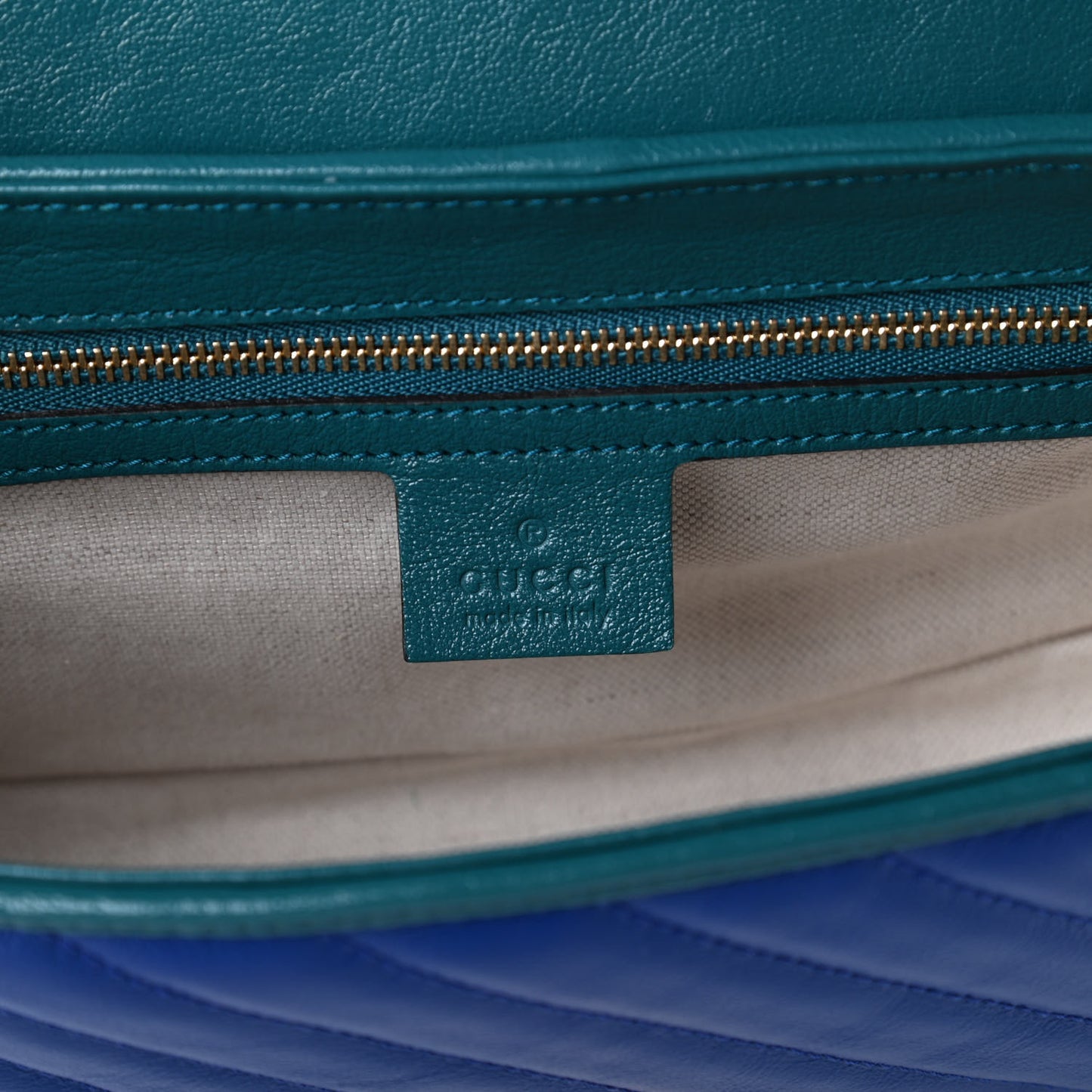 Azalea Calfskin Enamel Matelasse Diagonal Small Torchon GG Marmont Shoulder Bag Imperial Blue Pavone