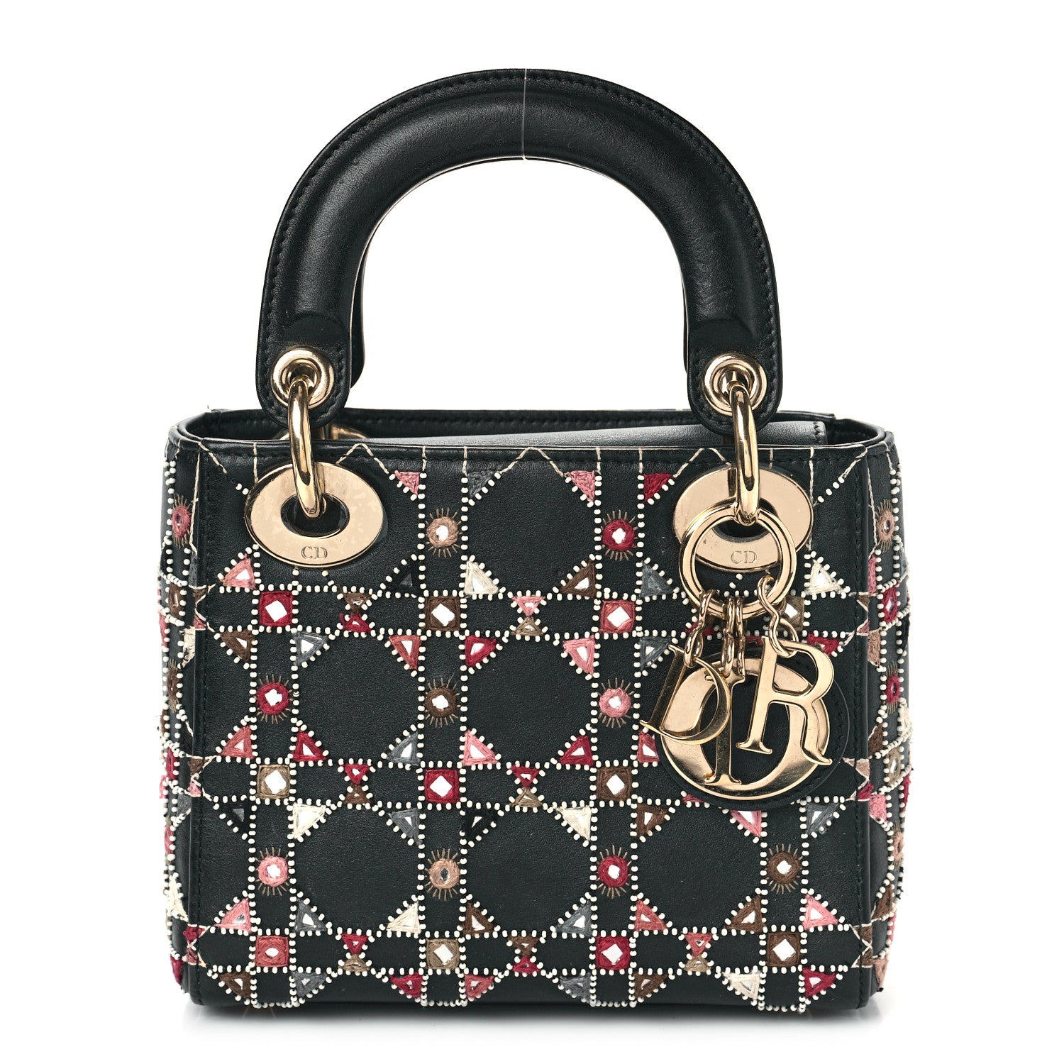 Christian Dior Calfskin Cannage Embroidered Beaded Mini Lady Dior Black Multicolor 1 of 12