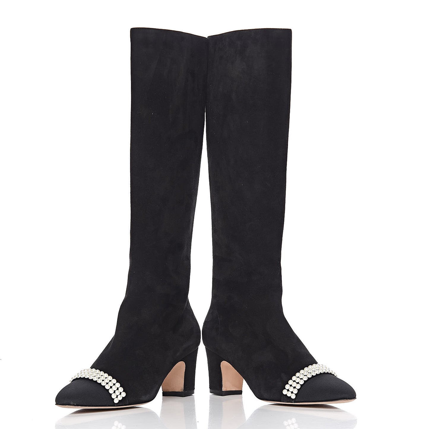 Suede Grosgrain Pearl CC Cap Toe High Boots 37 Black