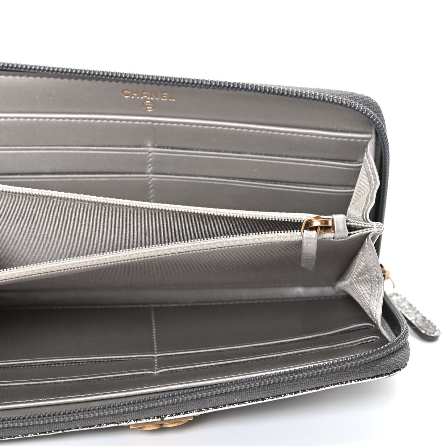 Cracked Metallic Calfskin Quilted Boy Long Zip Around Wallet Dark Silver
